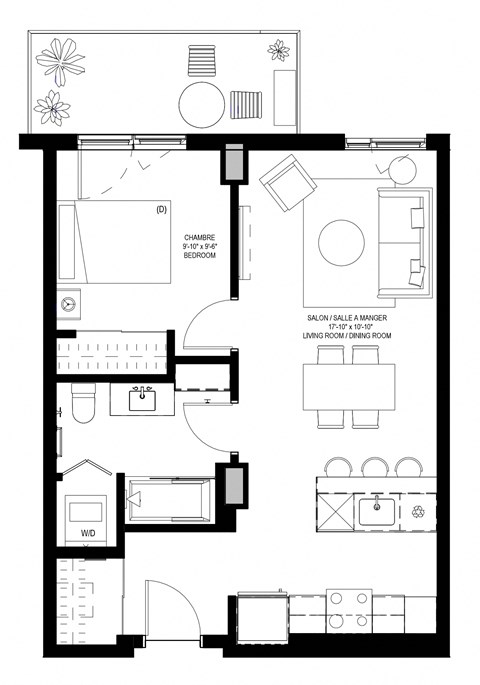 Floor plan for 1 bed, 1 bath, 602 sqft